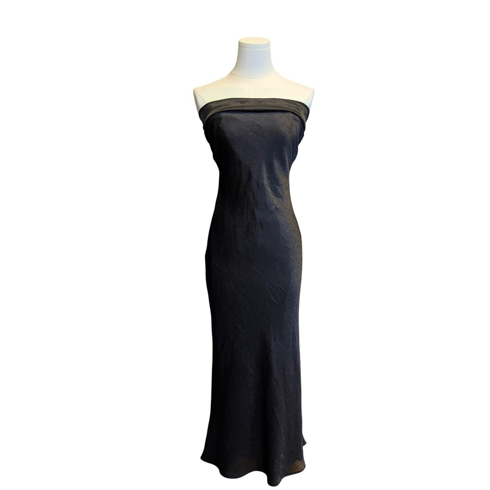 RNWY Black Metallic Crinkle Strapless Column Maxi Dress XS Subversive Y2K V-Back